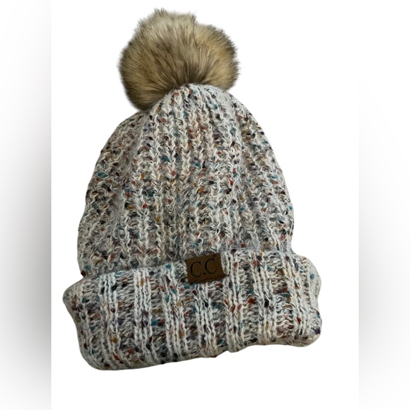 C.C Accessories - C.C. Confetti Mohair Ribbed Beanie with Faux Fur Pom-Pom EUC